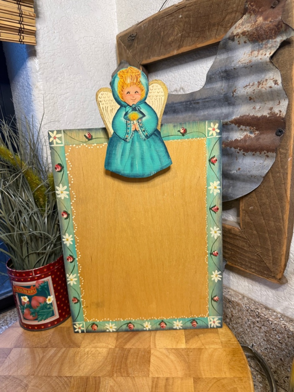 Hand-Painted Angel Wooden Memo Board in Teal and Gold 12 in